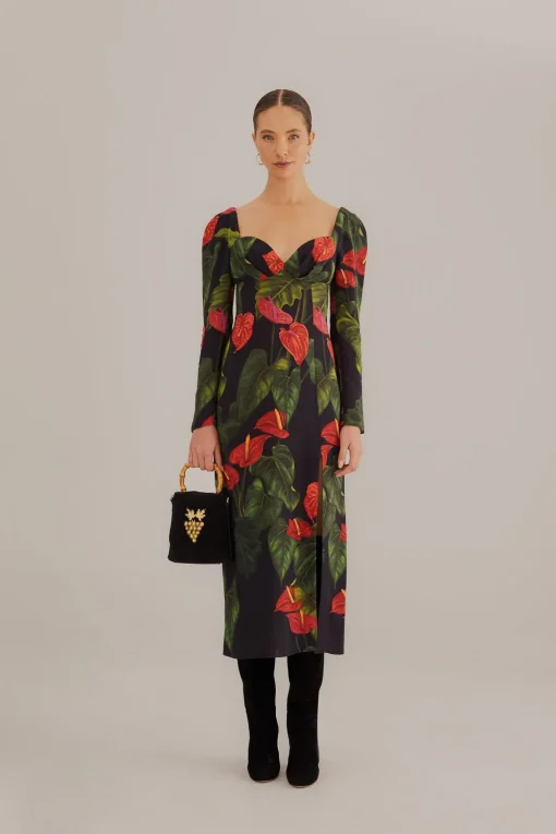  BLACK ANTHURIUM SLIT MIDI DRESS