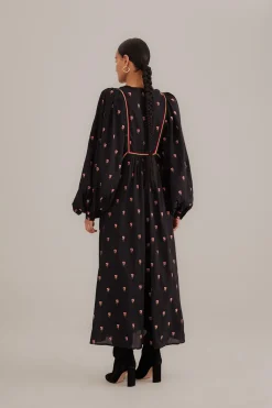  BLACK FLORAL EMBROIDERED V NECK MAXI DRESS