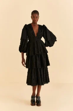  BLACK FLOWERS TEXTURED TIERED MIDI DRESS