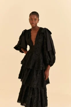  BLACK FLOWERS TEXTURED TIERED MIDI DRESS