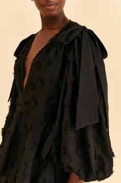  BLACK FLOWERS TEXTURED TIERED MIDI DRESS