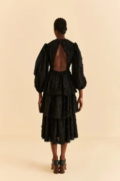  BLACK FLOWERS TEXTURED TIERED MIDI DRESS