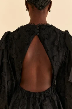  BLACK FLOWERS TEXTURED TIERED MIDI DRESS