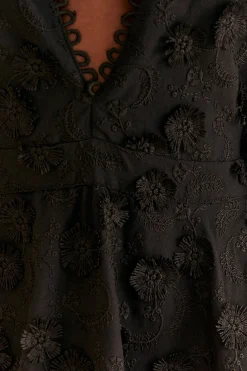  BLACK FLOWERS TEXTURED TIERED MIDI DRESS