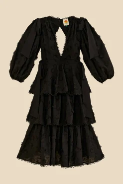  BLACK FLOWERS TEXTURED TIERED MIDI DRESS