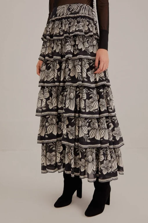  BLACK PAISLEY BLOOM TIERED SKIRT