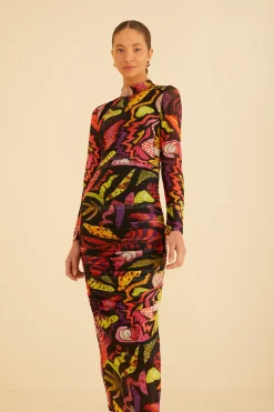 BLACK PSYCHEDELIC GARDEN TULLE MIDI DRESS