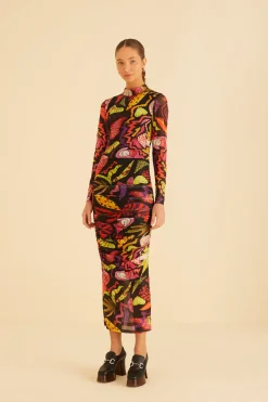  BLACK PSYCHEDELIC GARDEN TULLE MIDI DRESS