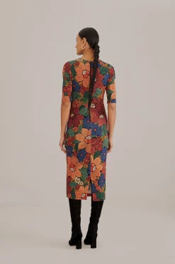  BLACK STITCHED FLOWERS LENZING™ ECOVERO™ VISCOSE MIDI DRESS