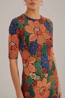  BLACK STITCHED FLOWERS LENZING™ ECOVERO™ VISCOSE MIDI DRESS