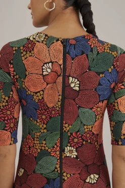  BLACK STITCHED FLOWERS LENZING™ ECOVERO™ VISCOSE MIDI DRESS