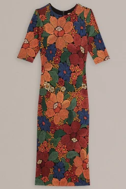  BLACK STITCHED FLOWERS LENZING™ ECOVERO™ VISCOSE MIDI DRESS