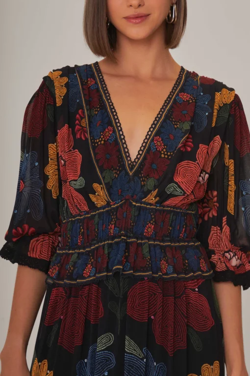  BLACK STITCHED GARDEN SHORT SLEEVE MAXI DRESS