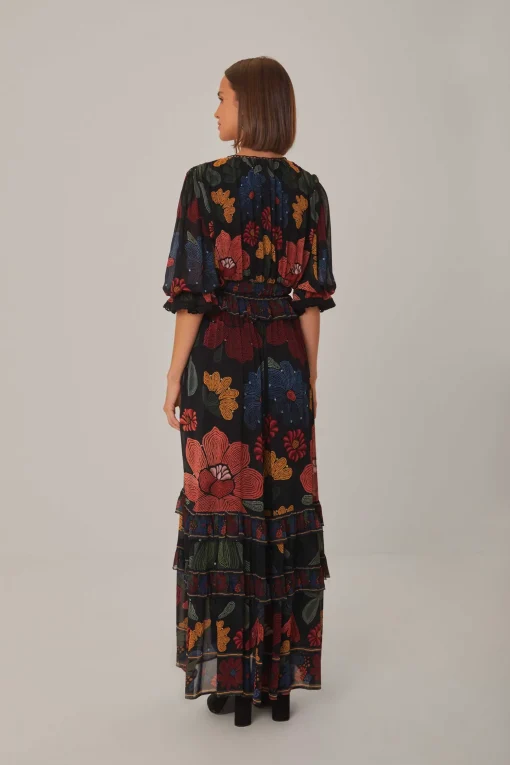  BLACK STITCHED GARDEN SHORT SLEEVE MAXI DRESS