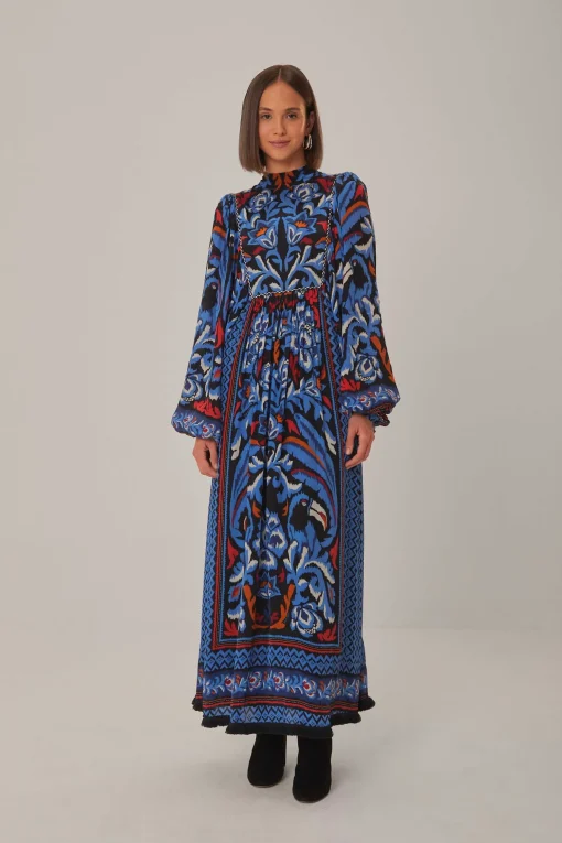  BLACK TOUCANS SCARF LONG SLEEVE MAXI DRESS