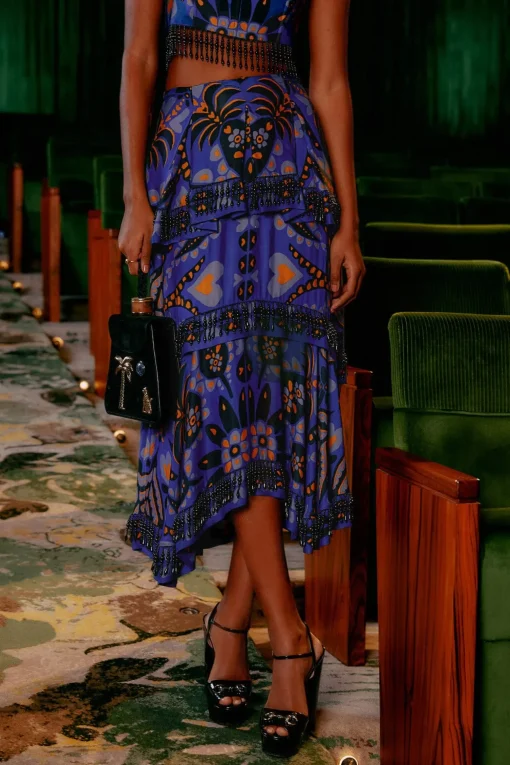  BLUE MARTINA SCARF BEADED MIDI SKIRT