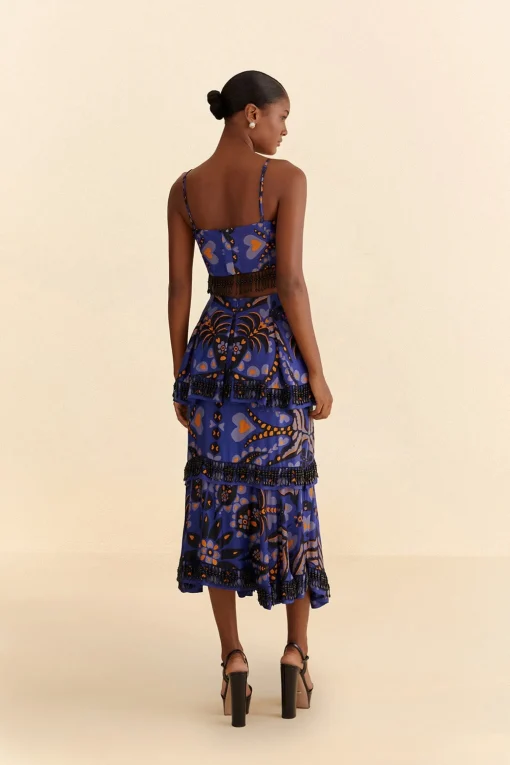  BLUE MARTINA SCARF BEADED MIDI SKIRT