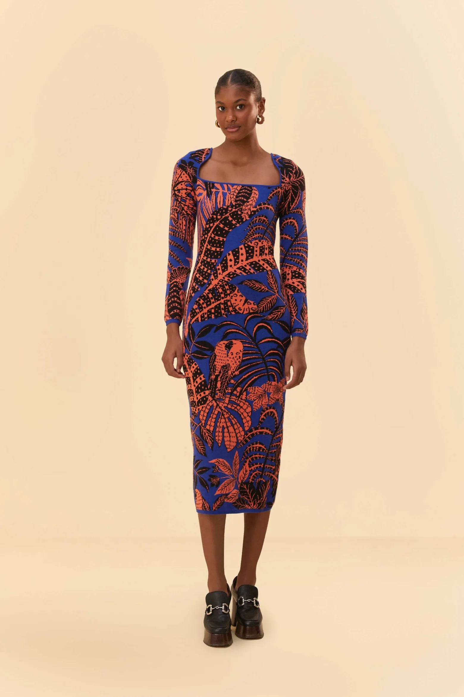 BLUE TROPICAL GOLD LONG SLEEVE DRESS