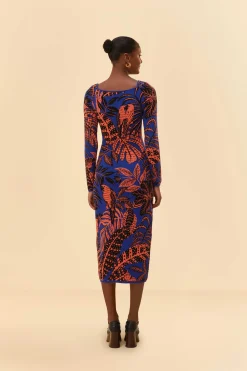 BLUE TROPICAL GOLD LONG SLEEVE DRESS