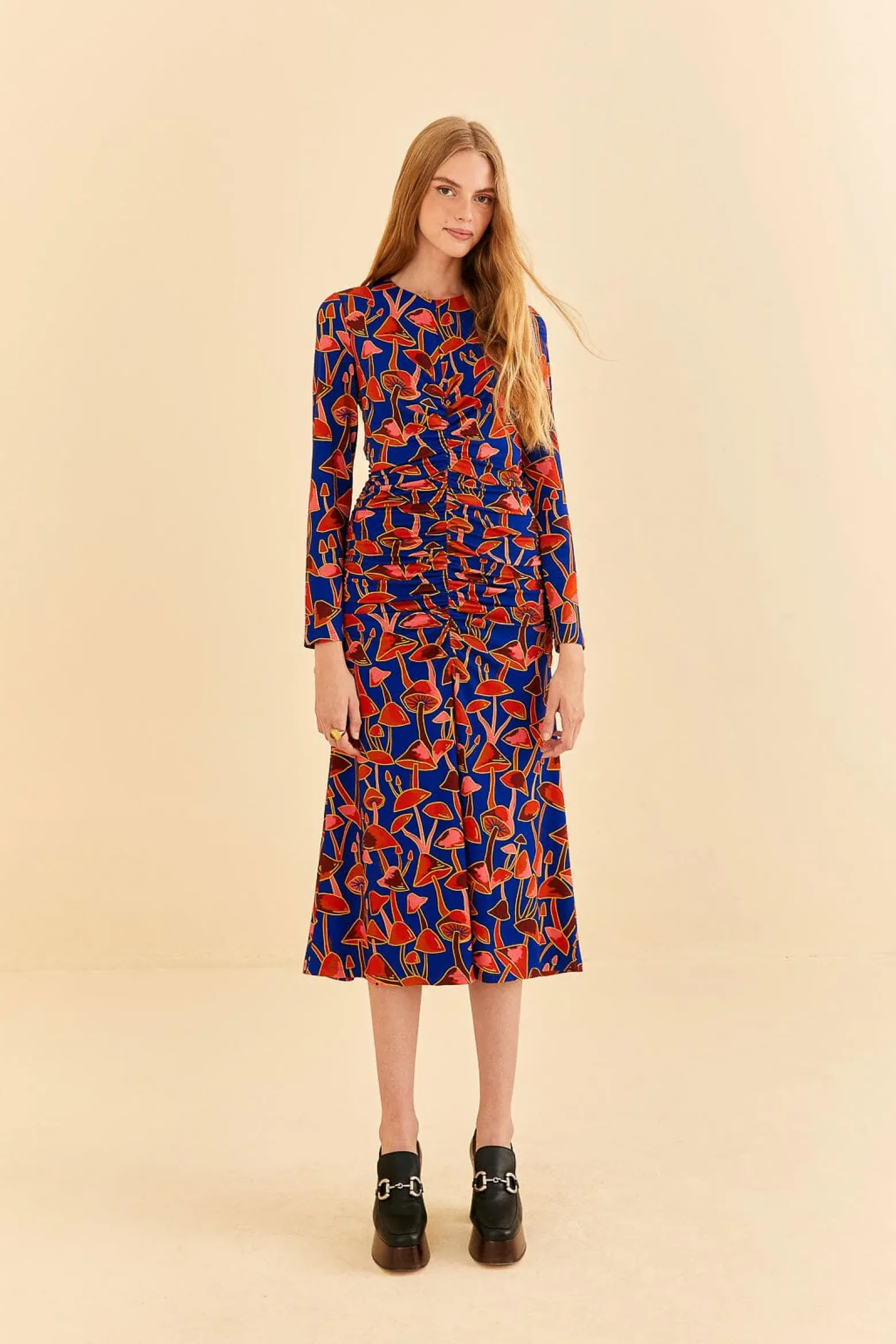 BRIGHT BLUE MUSHROOM SKETCH LENZING™ ECOVERO™ VISCOSE MIDI DRESS