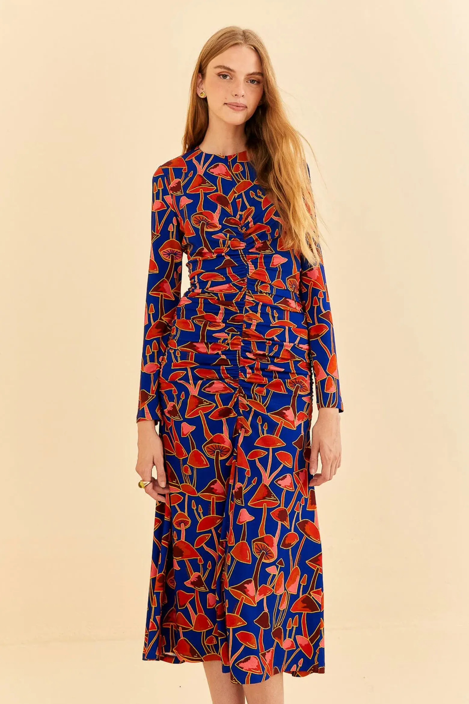 BRIGHT BLUE MUSHROOM SKETCH LENZING™ ECOVERO™ VISCOSE MIDI DRESS