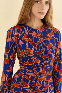 BRIGHT BLUE MUSHROOM SKETCH LENZING™ ECOVERO™ VISCOSE MIDI DRESS