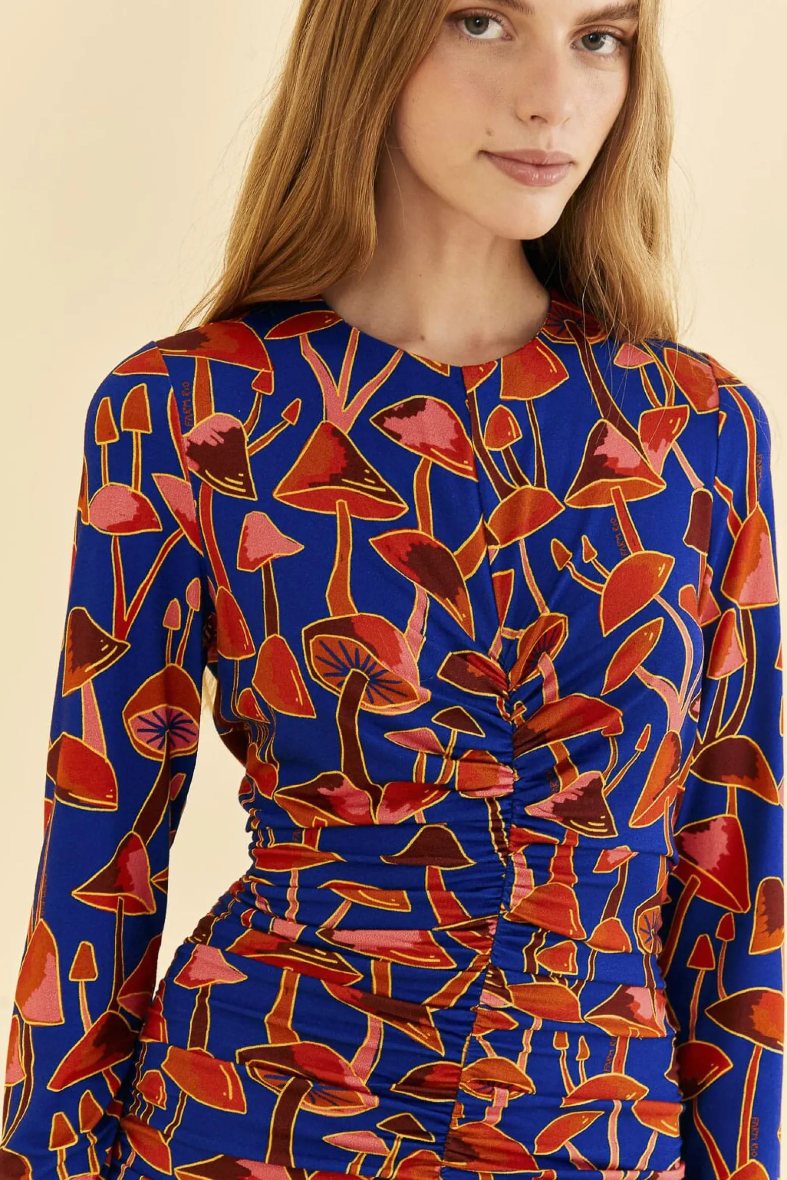 BRIGHT BLUE MUSHROOM SKETCH LENZING™ ECOVERO™ VISCOSE MIDI DRESS