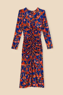 BRIGHT BLUE MUSHROOM SKETCH LENZING™ ECOVERO™ VISCOSE MIDI DRESS
