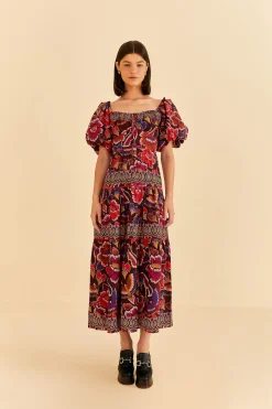  BROWN BRIGHT FLORA SHORT SLEEVE MIDI DRESS