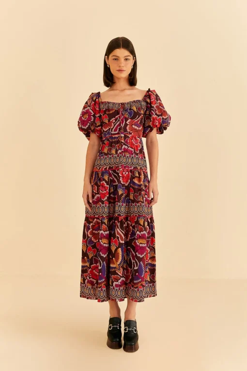  BROWN BRIGHT FLORA SHORT SLEEVE MIDI DRESS