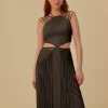  BROWN FRINGED SLEEVELESS MIDI DRESS