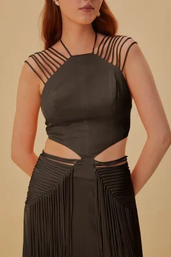  BROWN FRINGED SLEEVELESS MIDI DRESS