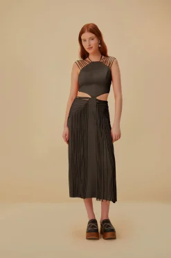  BROWN FRINGED SLEEVELESS MIDI DRESS