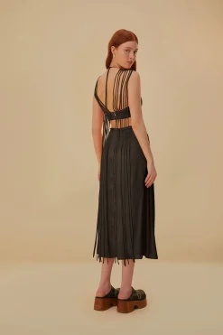  BROWN FRINGED SLEEVELESS MIDI DRESS