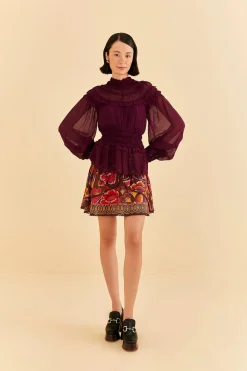  BURGUNDY RUFFLE HIGH NECK BLOUSE