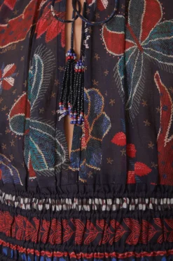 DARK BLUE TROPICAL SHINE V NECK BLOUSE