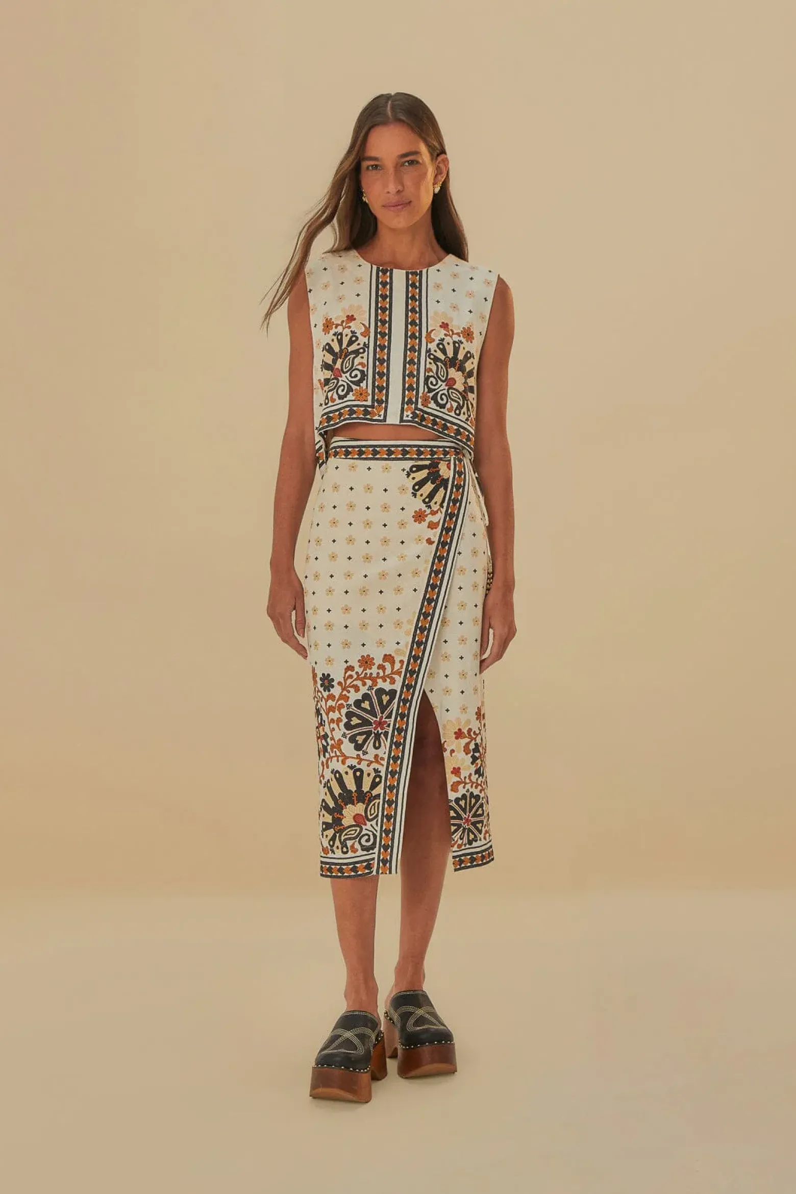 FLOWER FAN TAPESTRY OFF-WHITE WRAP MIDI SKIRT