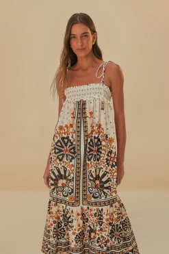  FLOWER FAN TAPESTRY OFF-WHITE MIDI DRESS