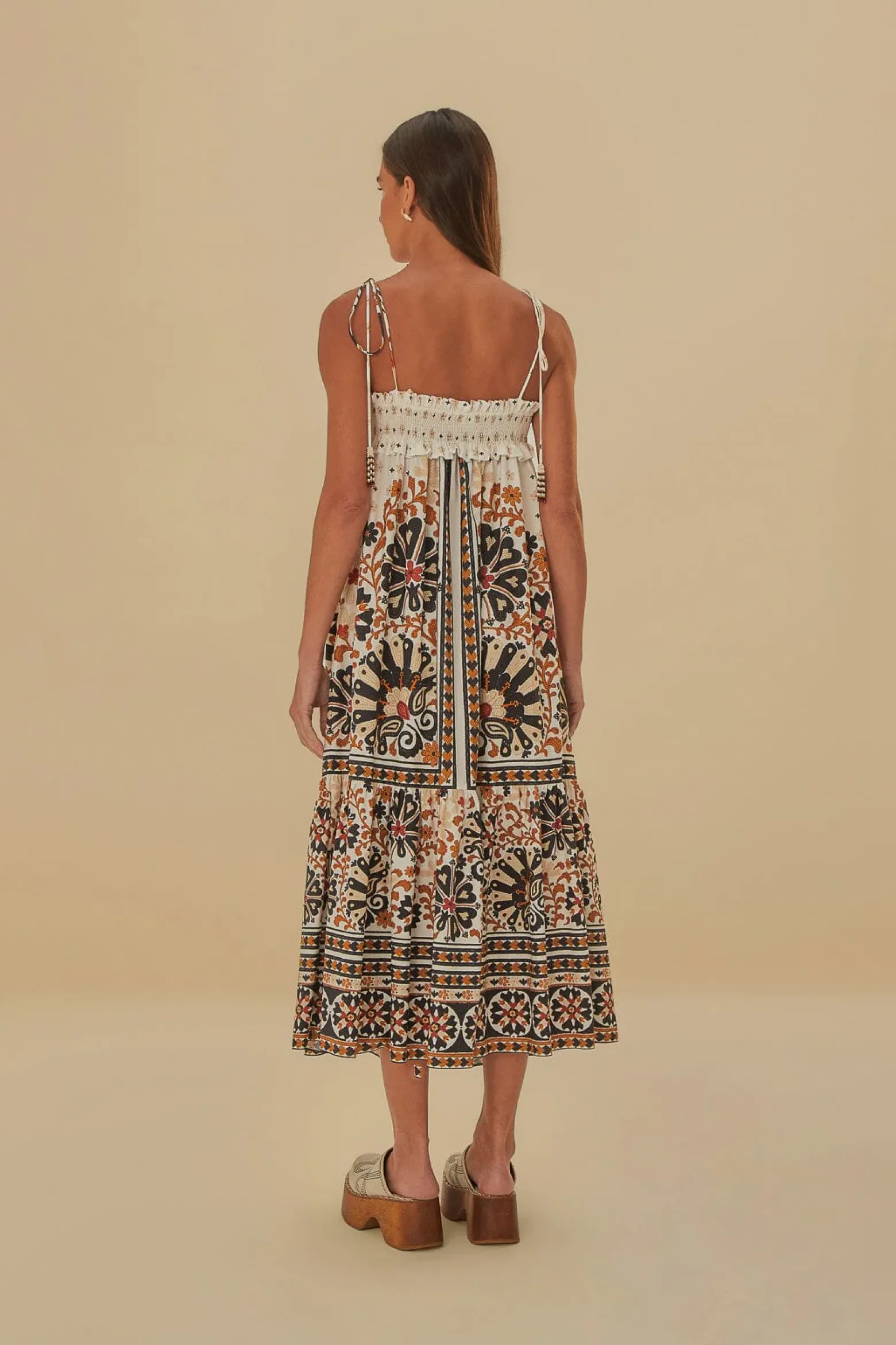 FLOWER FAN TAPESTRY OFF-WHITE MIDI DRESS