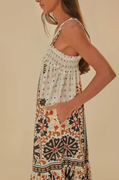 FLOWER FAN TAPESTRY OFF-WHITE MIDI DRESS