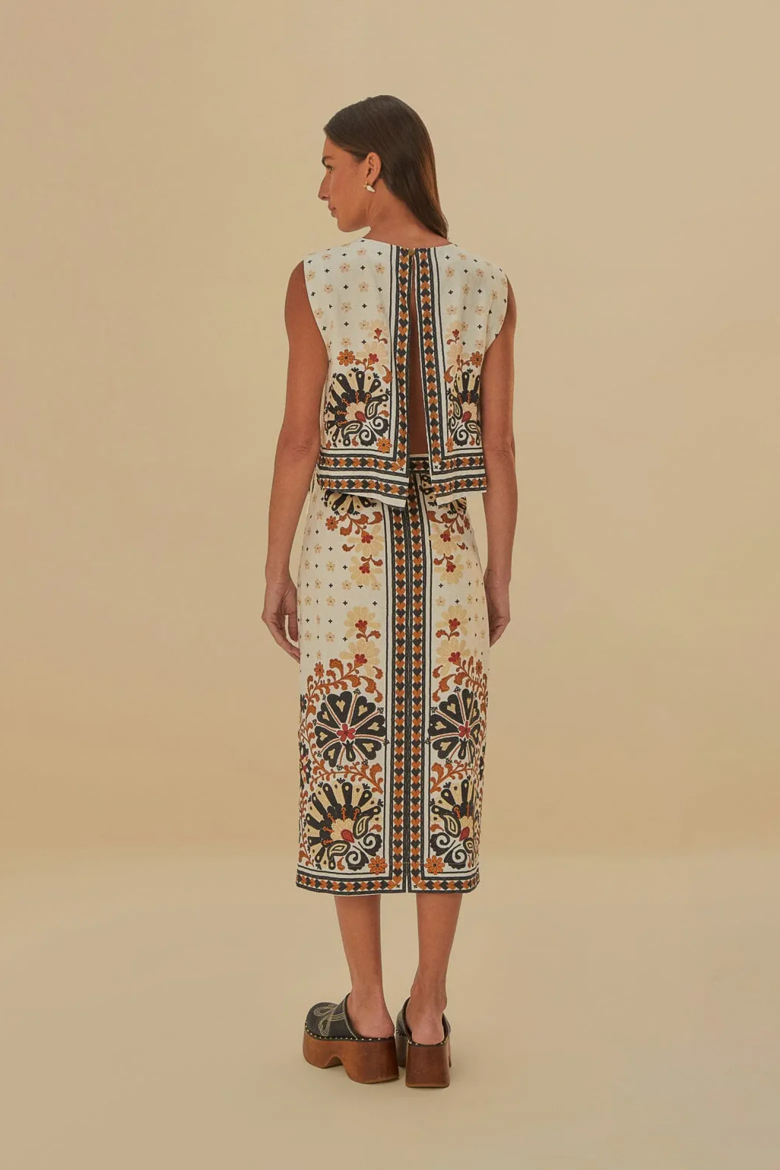 FLOWER FAN TAPESTRY OFF-WHITE WRAP MIDI SKIRT