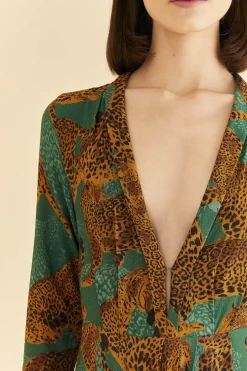  GREEN ARTSY LEOPARDS LONG SLEEVE MAXI DRESS