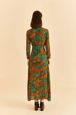  GREEN ARTSY LEOPARDS LONG SLEEVE MAXI DRESS