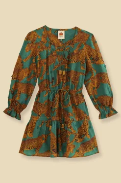  GREEN ARTSY LEOPARDS LONG SLEEVE MINI DRESS