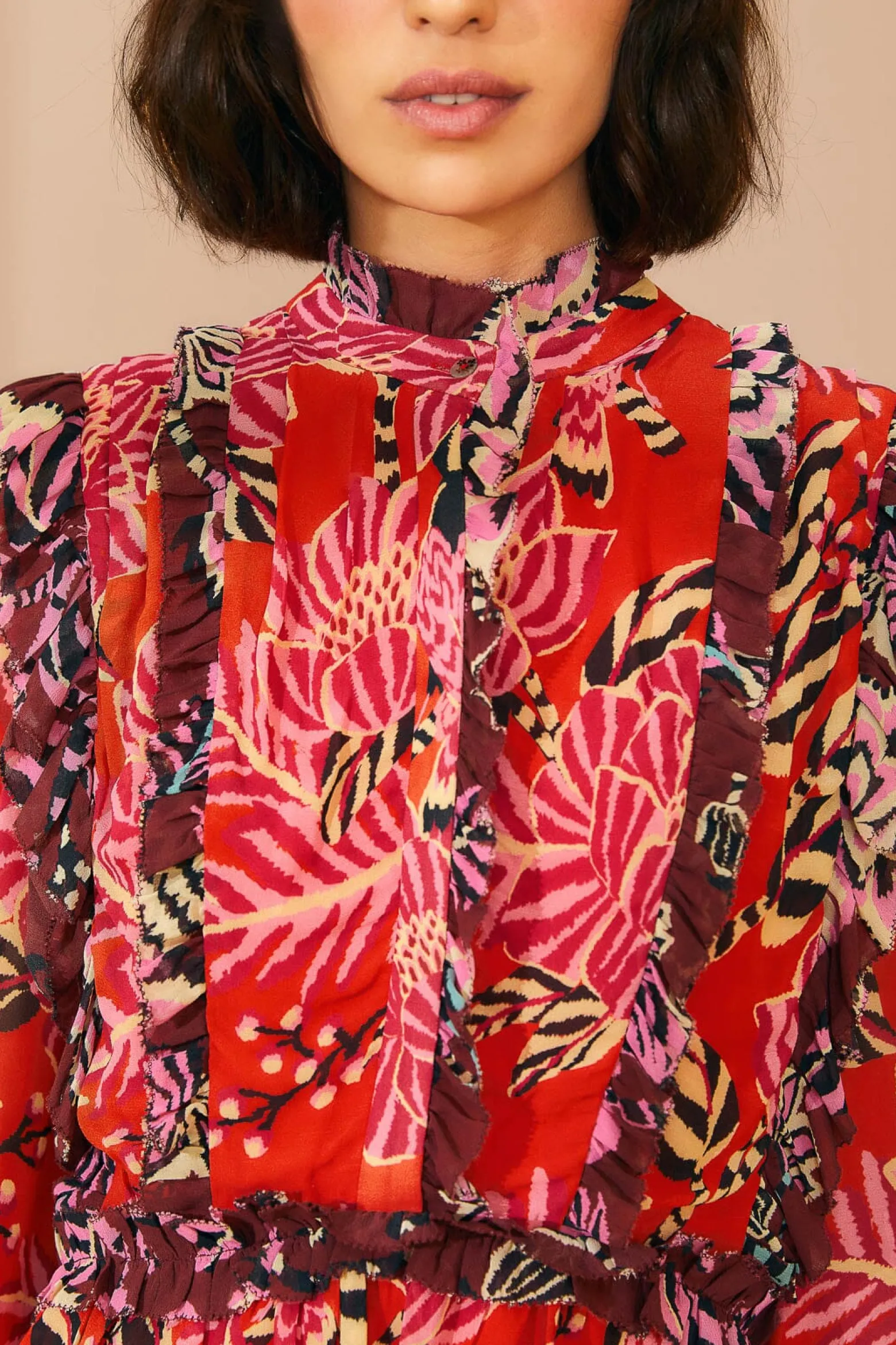 MIXED FLORAL RUFFLE MINI DRESS