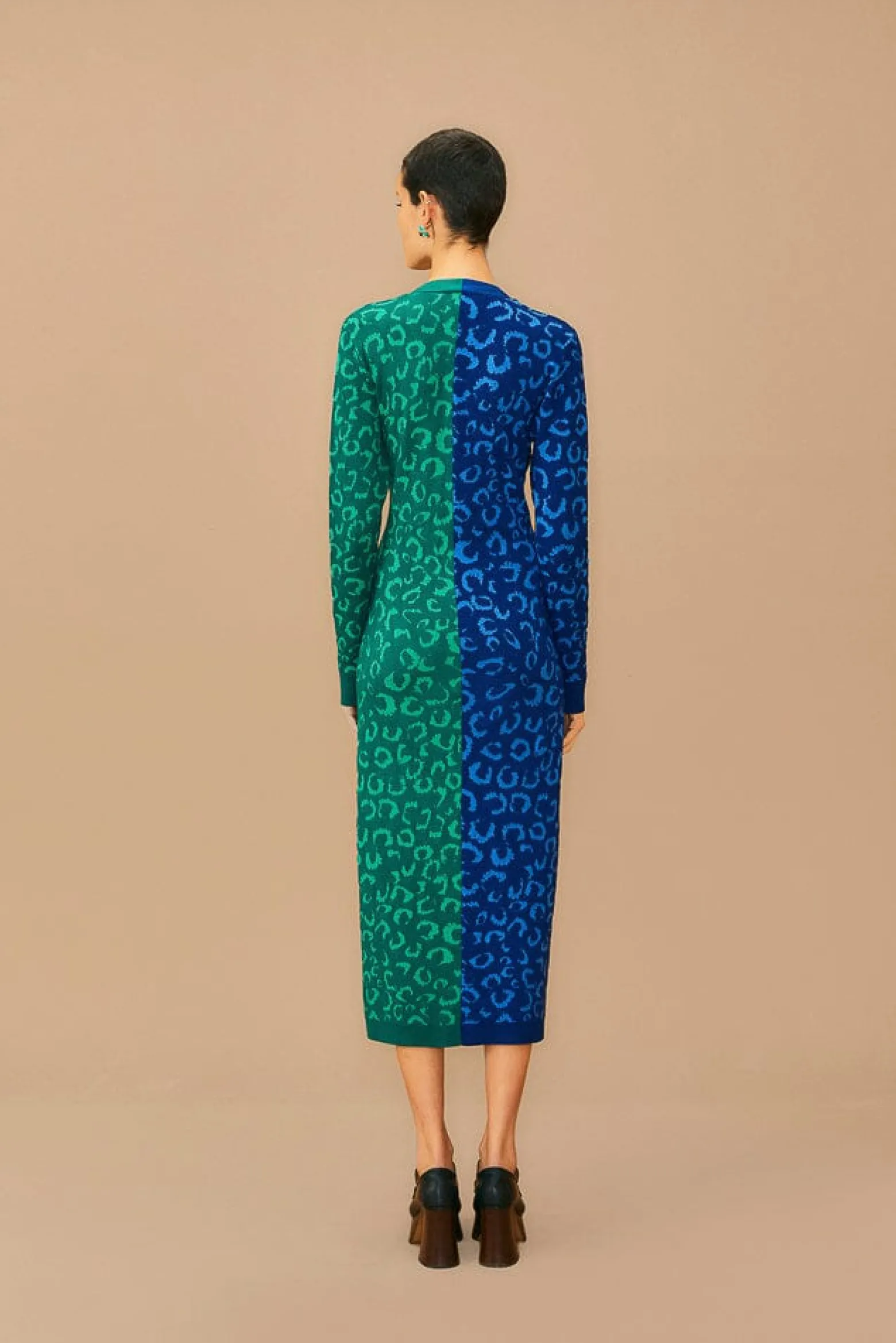 MIXED LEOPARDS KNIT MIDI CARDIGAN DRESS