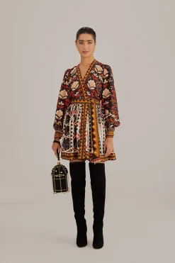 MULTICOLOR TAPESTRY GARDEN V NECK MINI DRESS