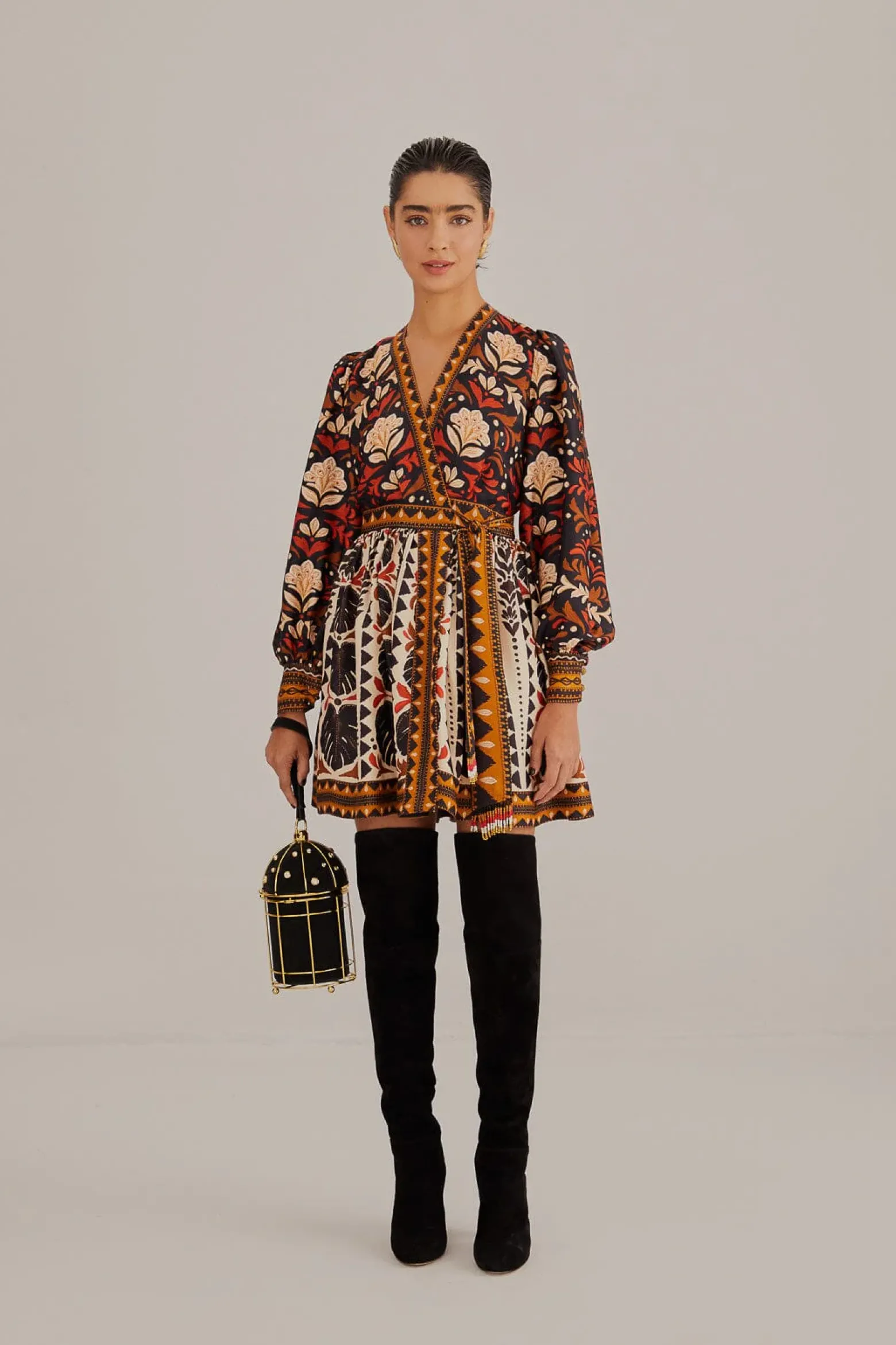 MULTICOLOR TAPESTRY GARDEN V NECK MINI DRESS