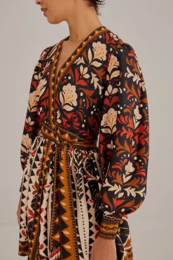  MULTICOLOR TAPESTRY GARDEN V NECK MINI DRESS