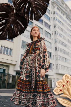  MULTICOLOR TAPESTRY GARDEN HIGH NECK MIDI DRESS